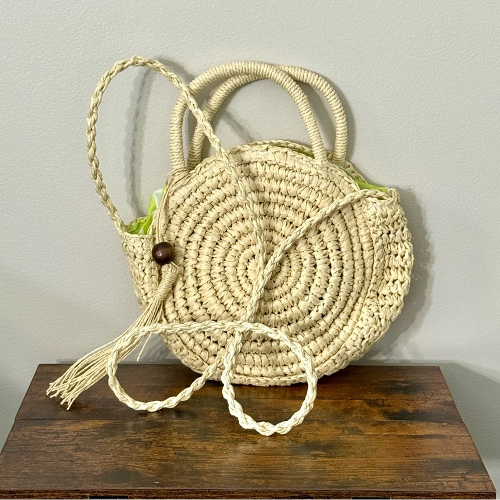 Solid & Striped Straw Boho Tropical Beach Crossbody Handbag ~ NWOT
